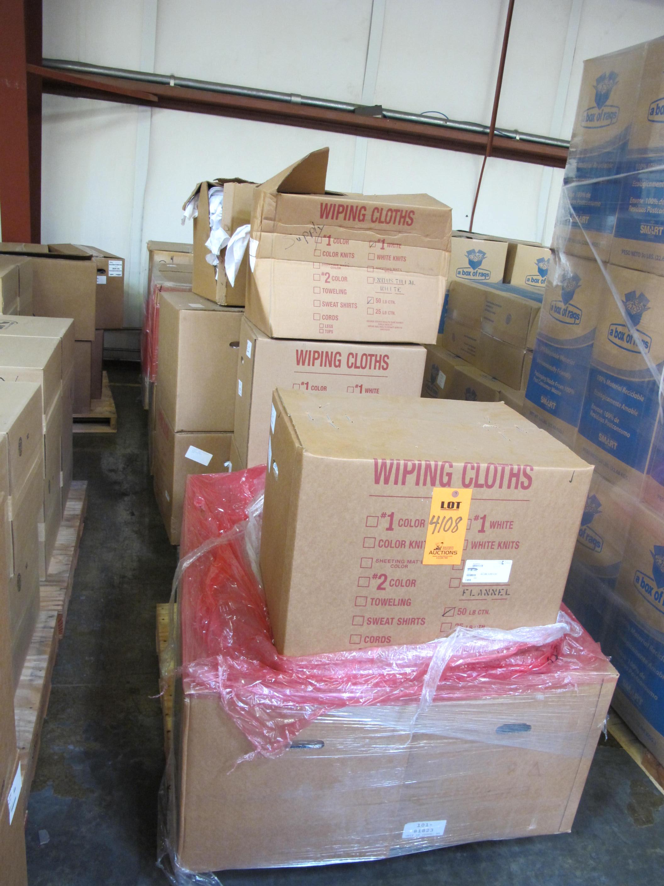 LOT TO INCLUDE: (13 50 LB BOXES) RAGS, WIPING TYPE, VARIOUS SIZE, 100% COTTON FLANNEL MATERIAL. COLORED, ABSORBENT, (8 50 LB BOXES) RAGS, WIPING TYPE, 24" X 22" SIZE, COTTON MATERIAL. WHITE, LINT FREE, (8 50 LB BOXES) RAGS, WIPING TYPE, VARIOUS SIZE, 100% COTTON FLANNEL MATERIAL. COLORED, ABSORBENT, COTTON FLANNEL MATERIAL STERILIZED AND WASHED. LOADING & HANDLING FEE $30-4108